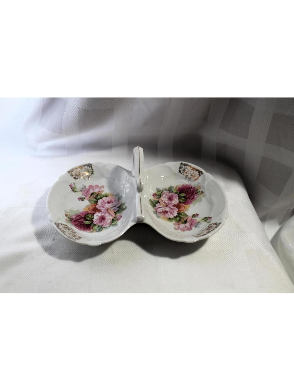 Antique Divided Tidbit Bowl With Handle, Floral Peonies, Germany